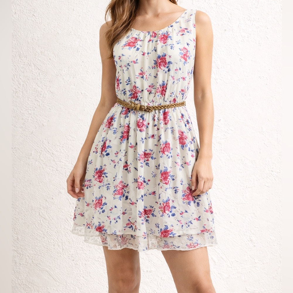 dELiA*s Floral Sleeveless Dress Medium Belted Lace Trim Cottagecore Feminine NWT